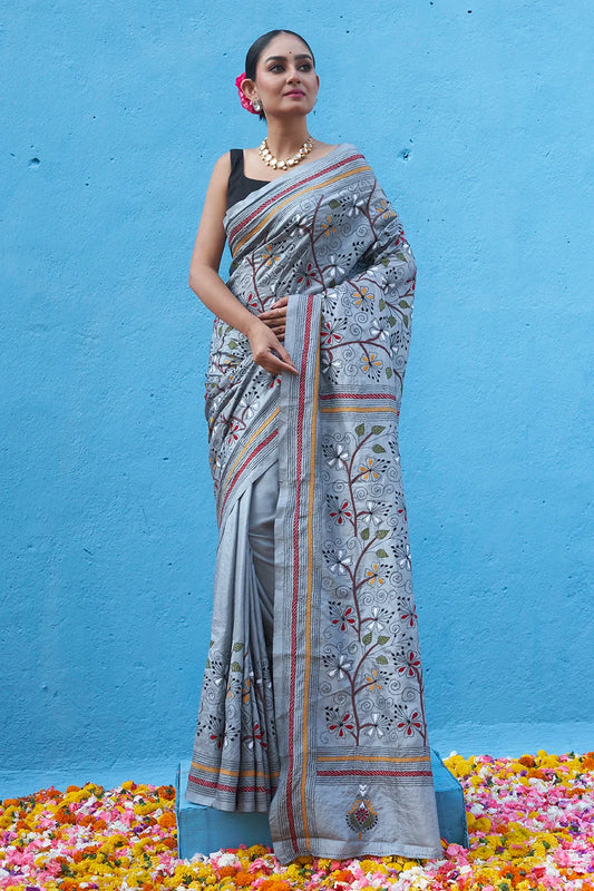 Handloom Grey Pure Silk Floral Kantha Saree