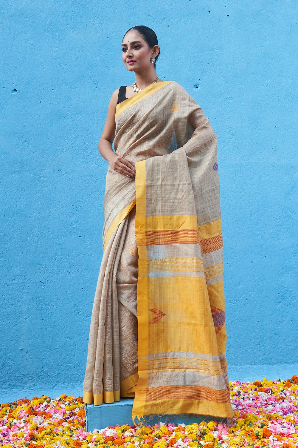 Handloom Yellow Multi Colour Pure Tussar Silk Saree