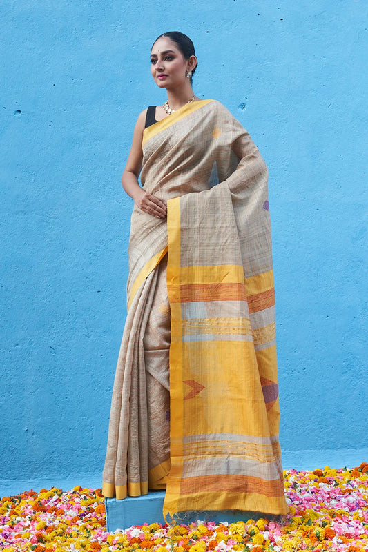 Handloom Yellow Multi Colour Pure Tussar Silk Saree