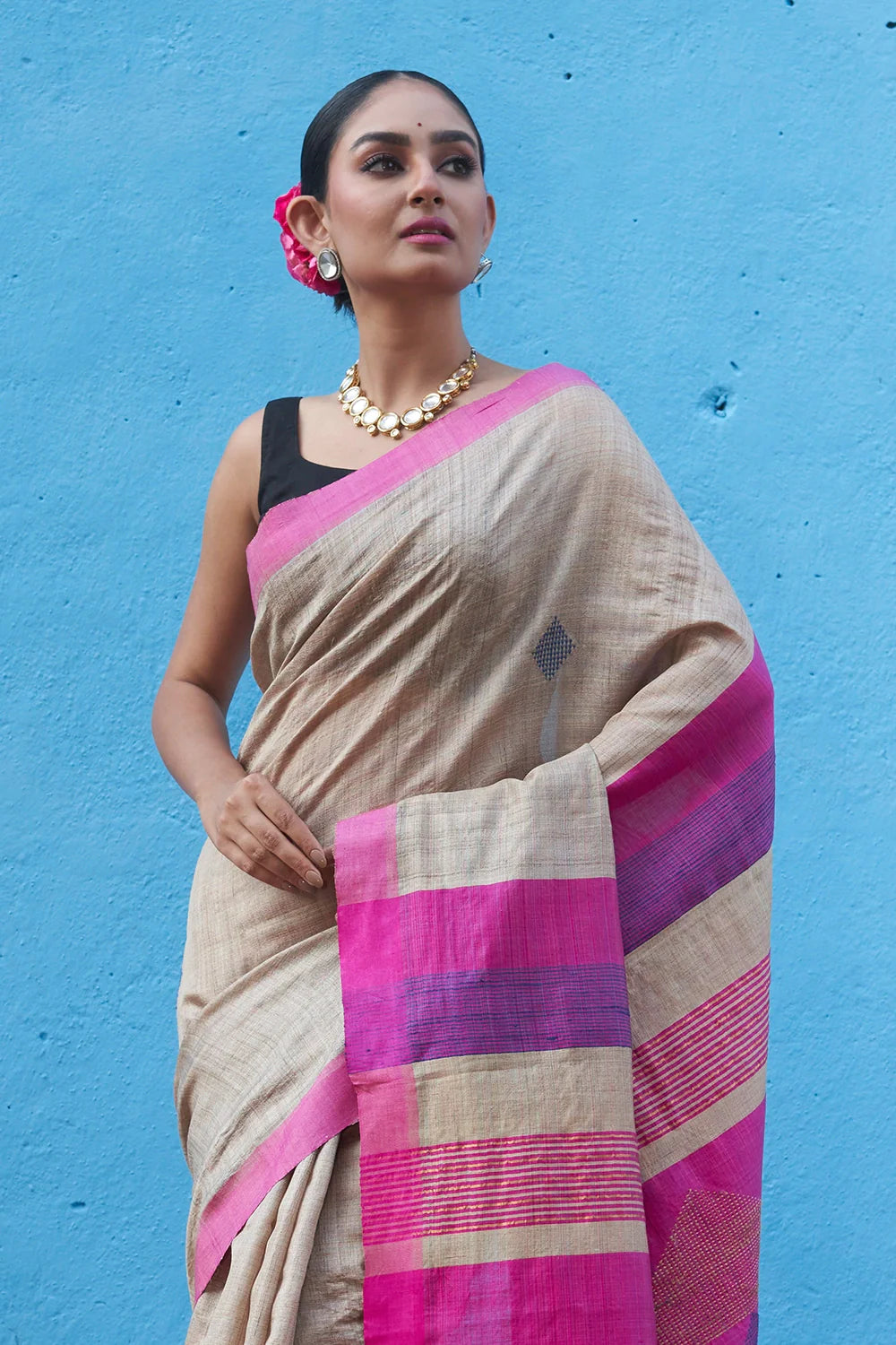 Handloom Pink Multi Colour Pure Tussar Silk Saree