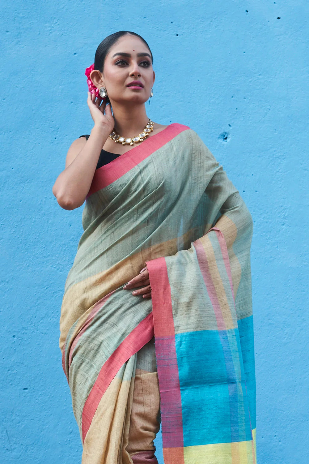 Handloom Pink Multi Colour Pure Tussar Silk Saree