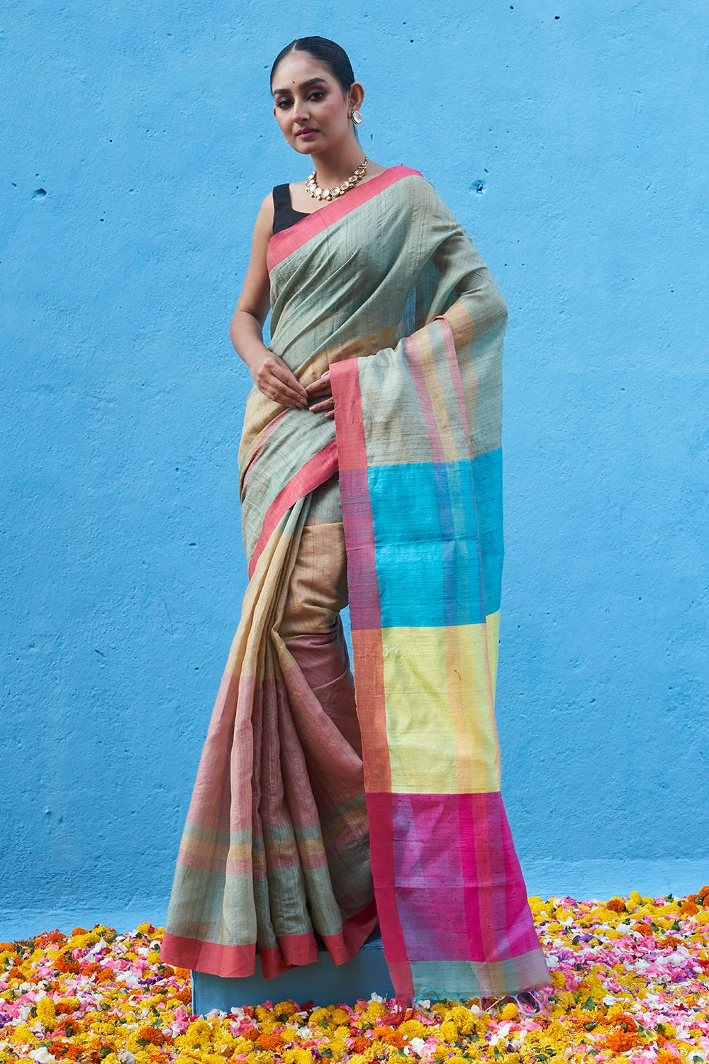 Handloom Pink Multi Colour Pure Tussar Silk Saree