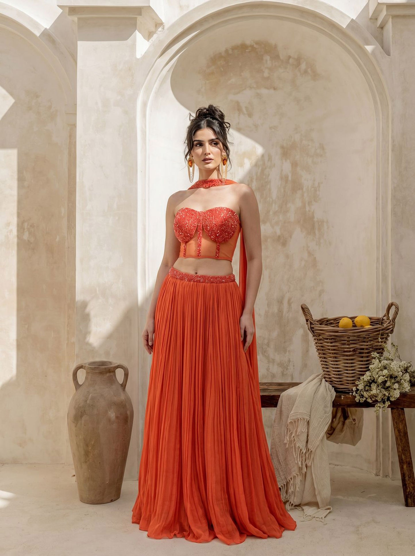Orange Corset Pure Chinnon Cutdana & Sequence Hand Work Party Wear pleated Skirt & Dupatta