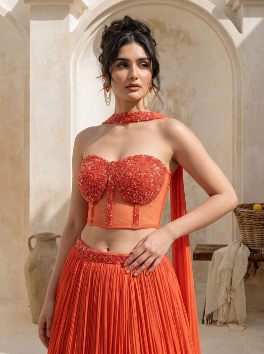 Orange Corset Pure Chinnon Cutdana & Sequence Hand Work Party Wear pleated Skirt & Dupatta