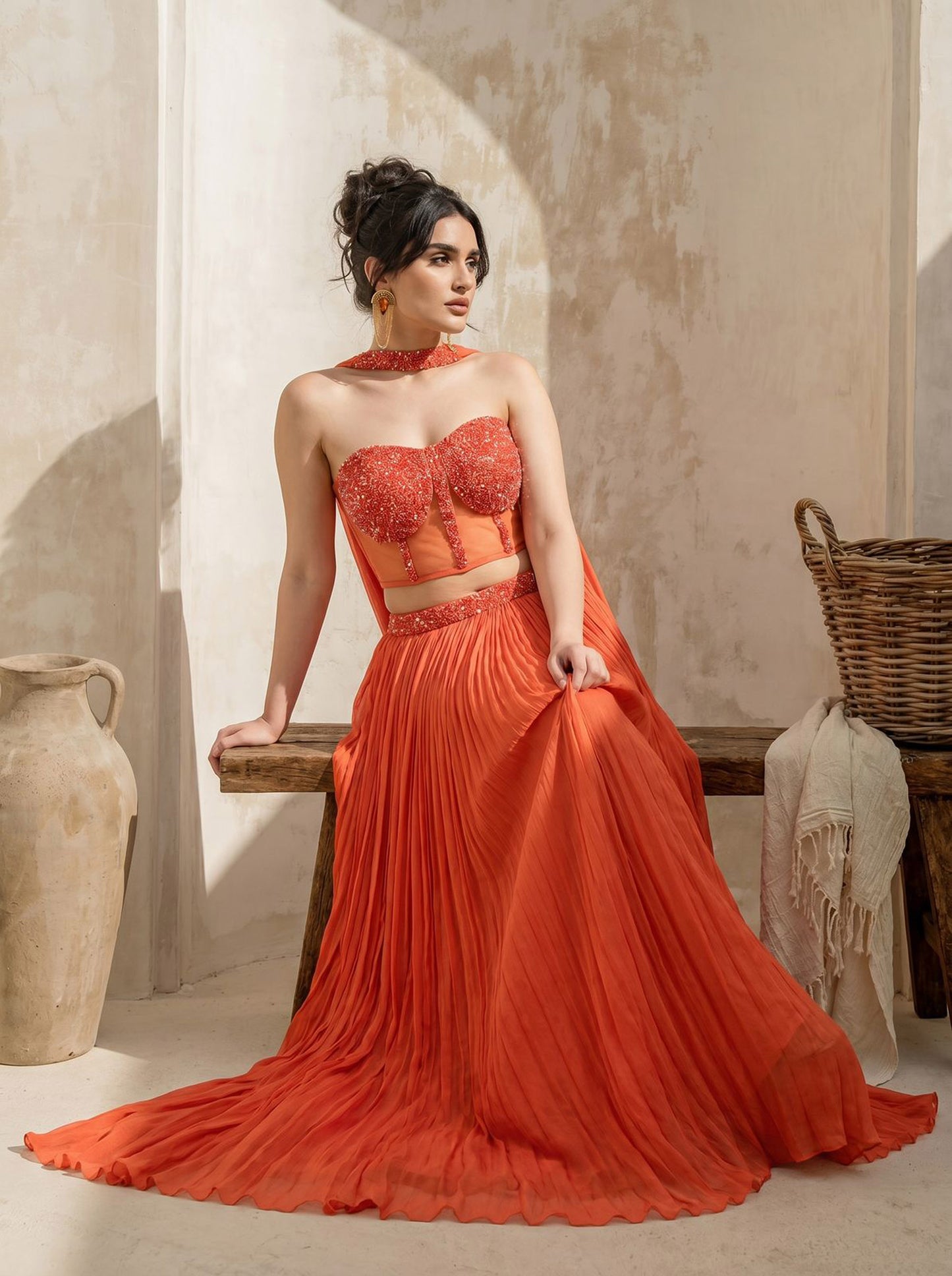 Orange Corset Pure Chinnon Cutdana & Sequence Hand Work Party Wear pleated Skirt & Dupatta