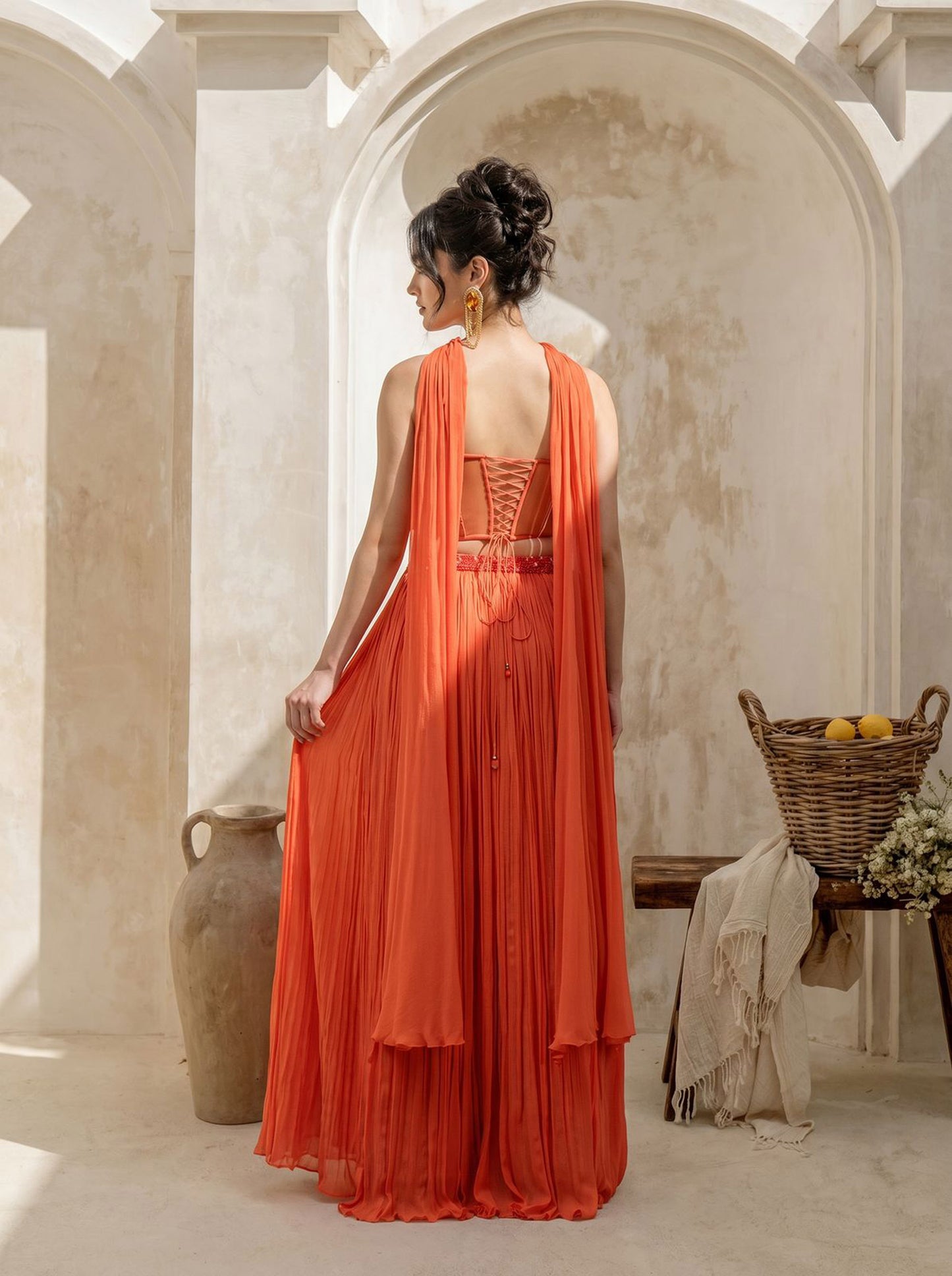 Orange Corset Pure Chinnon Cutdana & Sequence Hand Work Party Wear pleated Skirt & Dupatta