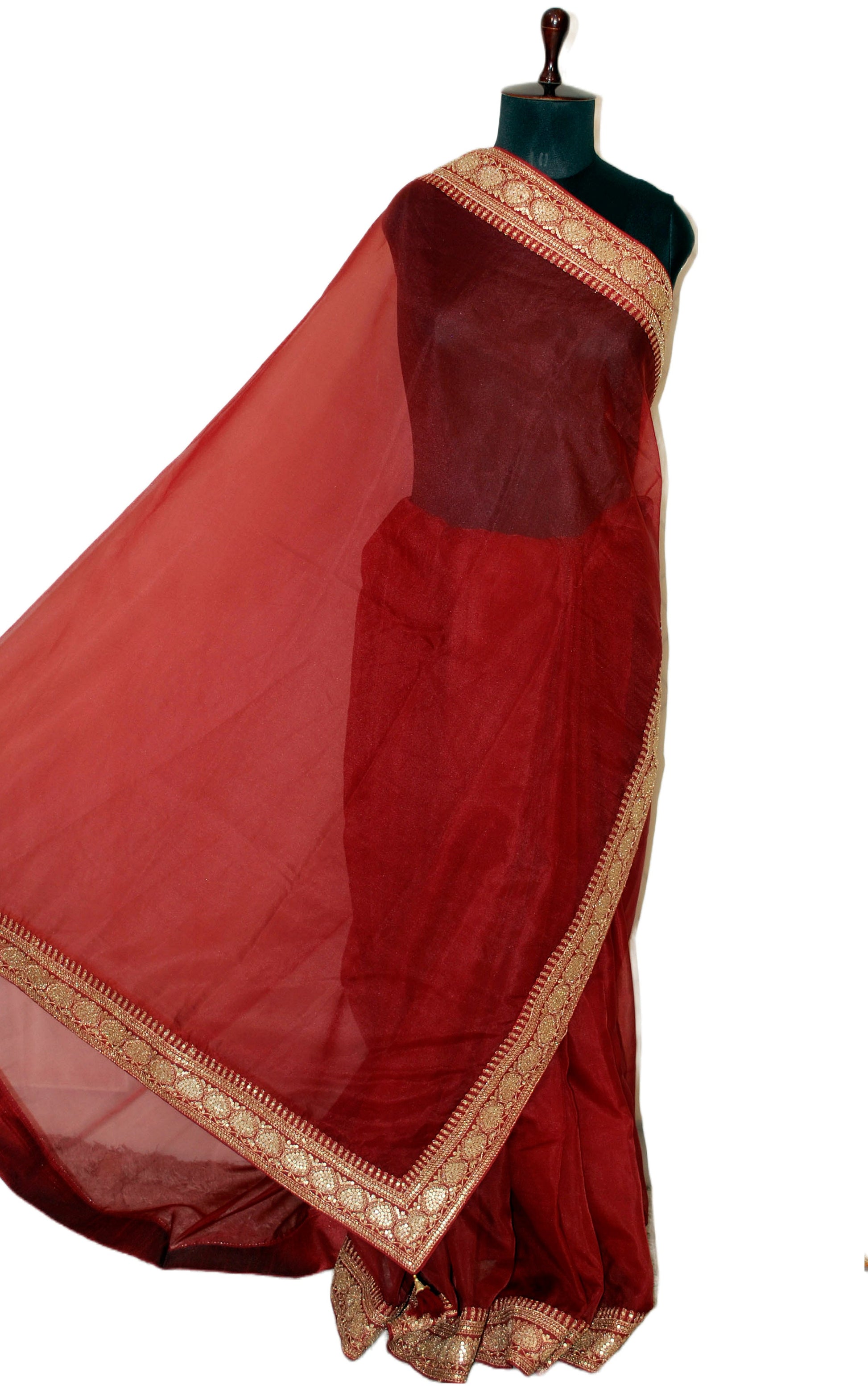 Designer Kora Organza Zardozi Silk Saree in Burgundy and Matt Gold
