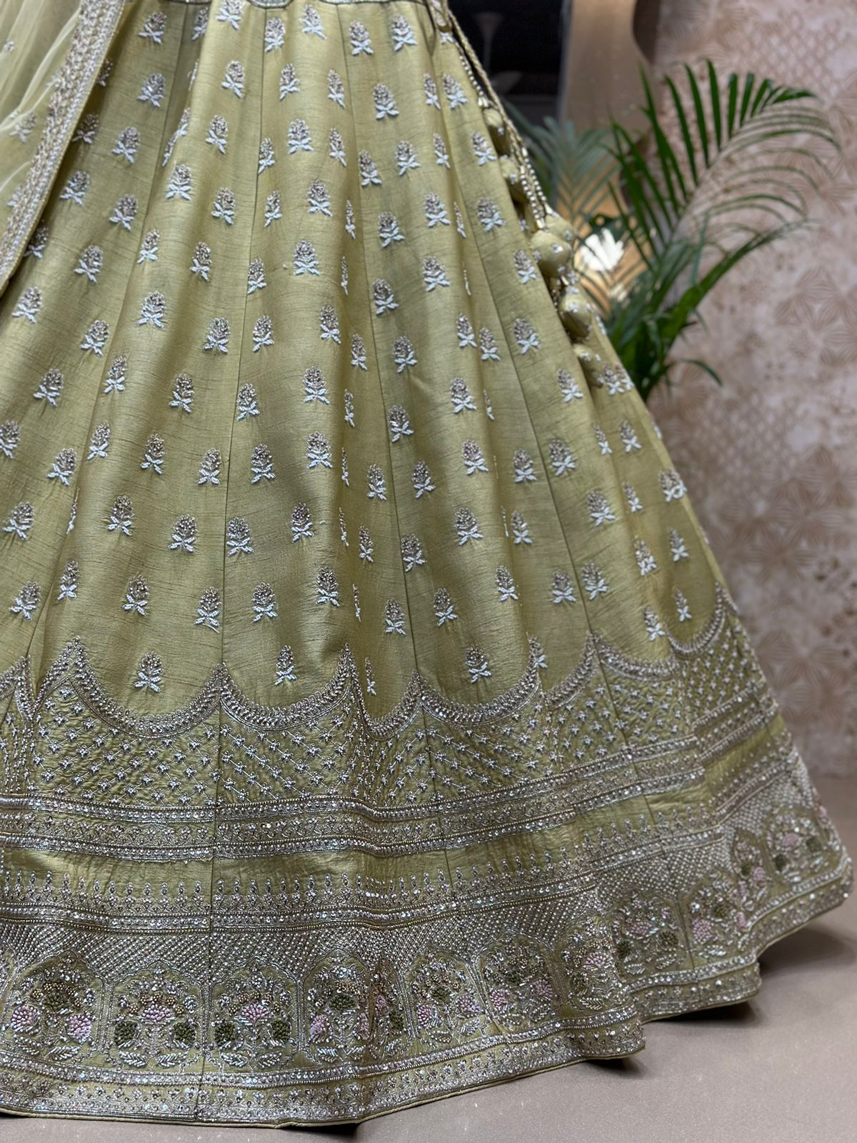 Pale Golden Yellow Raw Silk Hand Embroidered Bridal Lehenga