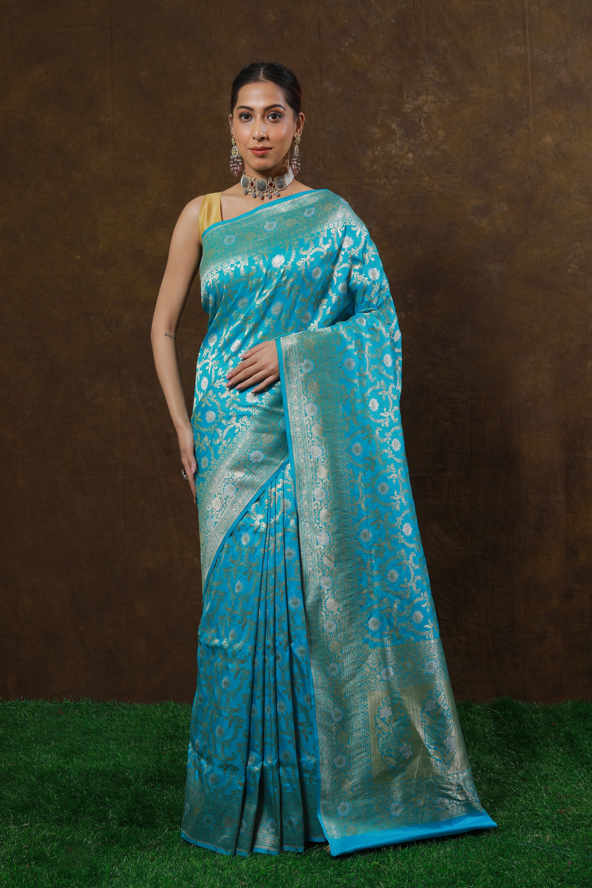 Sky Blue Handwoven Cutwork Katan Silk Saree - Panaya