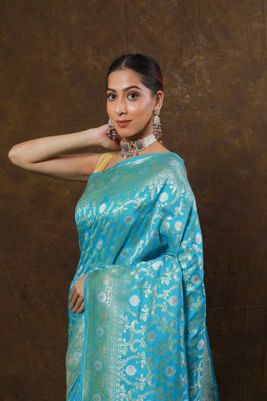 Sky Blue Handwoven Cutwork Katan Silk Saree - Panaya