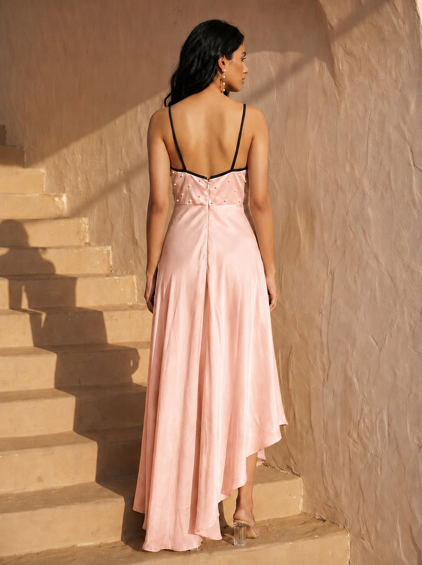 Peach Chinon Pearl Hand Work Party Wear Asymmentrical Dress