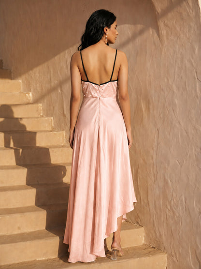 Peach Chinon Pearl Hand Work Party Wear Asymmentrical Dress