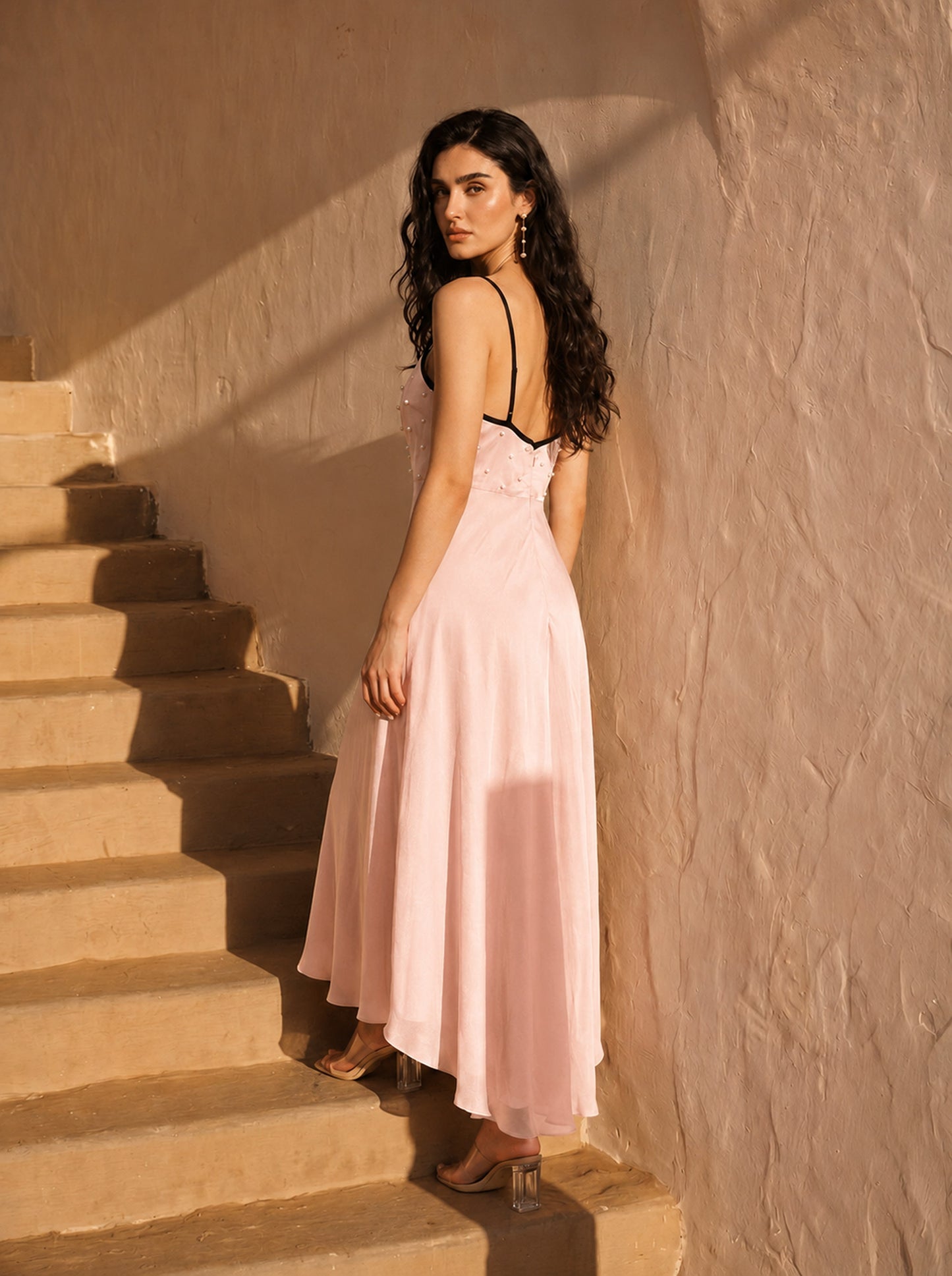 Peach Chinon Pearl Hand Work Party Wear Asymmentrical Dress