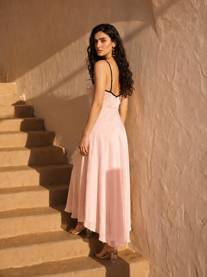Peach Chinon Pearl Hand Work Party Wear Asymmentrical Dress