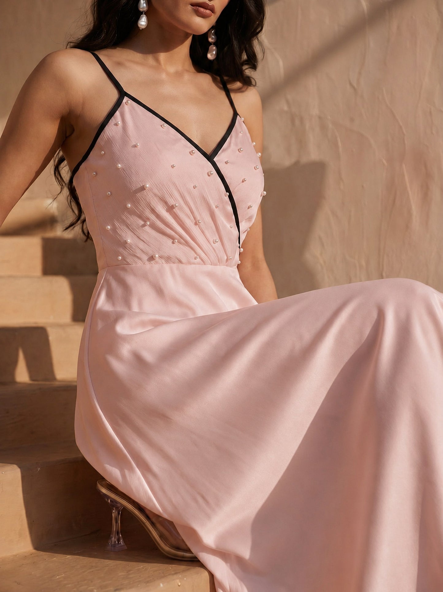 Peach Chinon Pearl Hand Work Party Wear Asymmentrical Dress