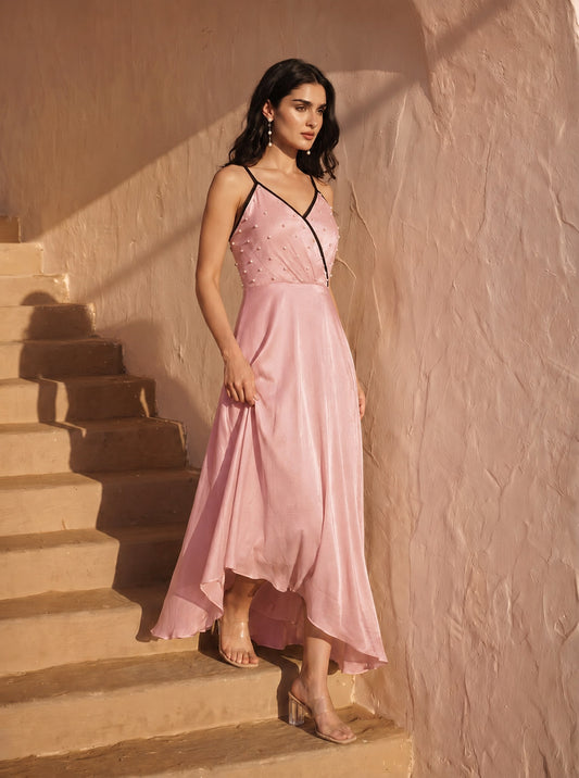 Peach Chinon Pearl Hand Work Party Wear Asymmentrical Dress