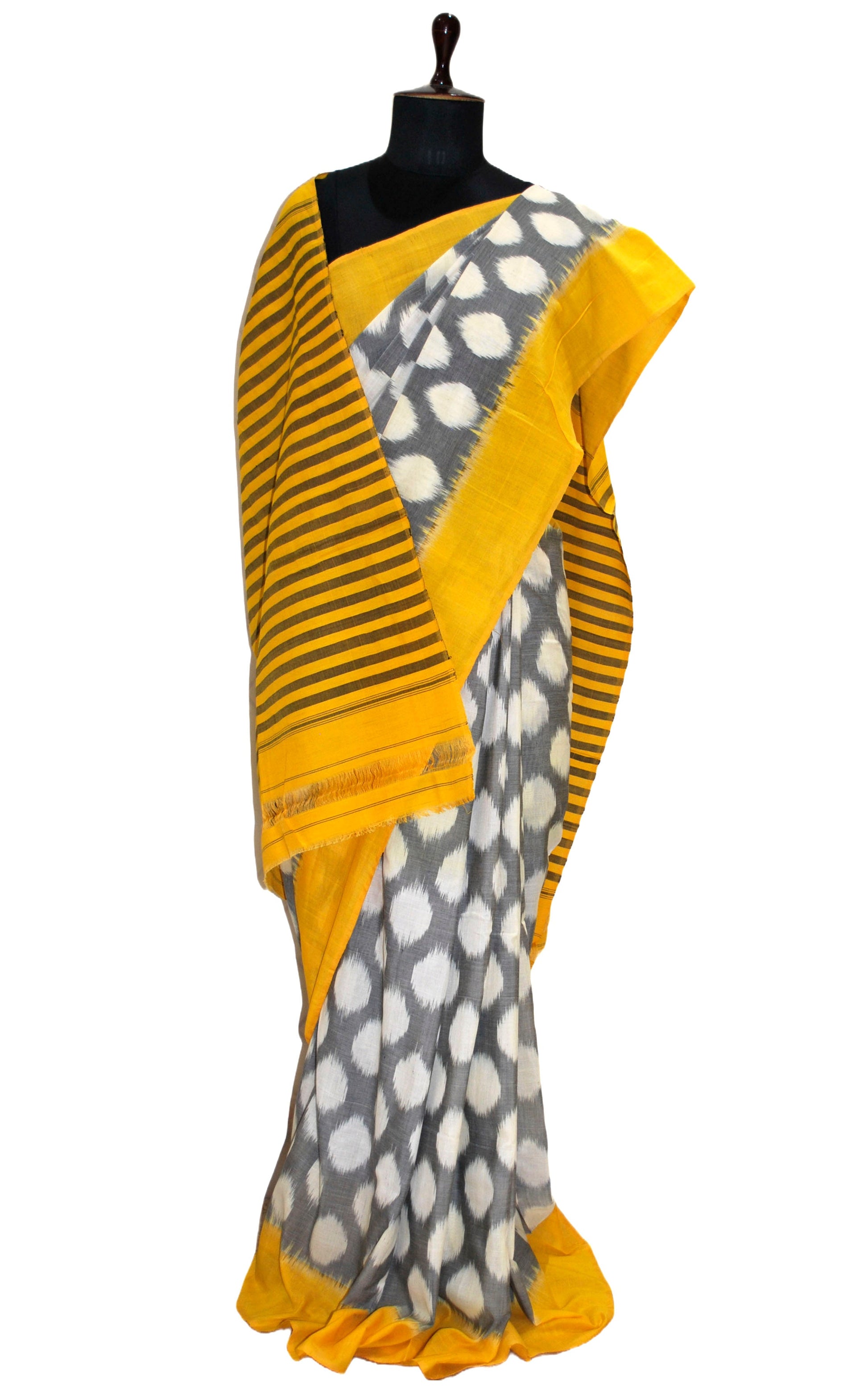 Soft Mercerized Cotton Ikkat Pochampally Saree in Smoke Grey, Off White and Yellow
