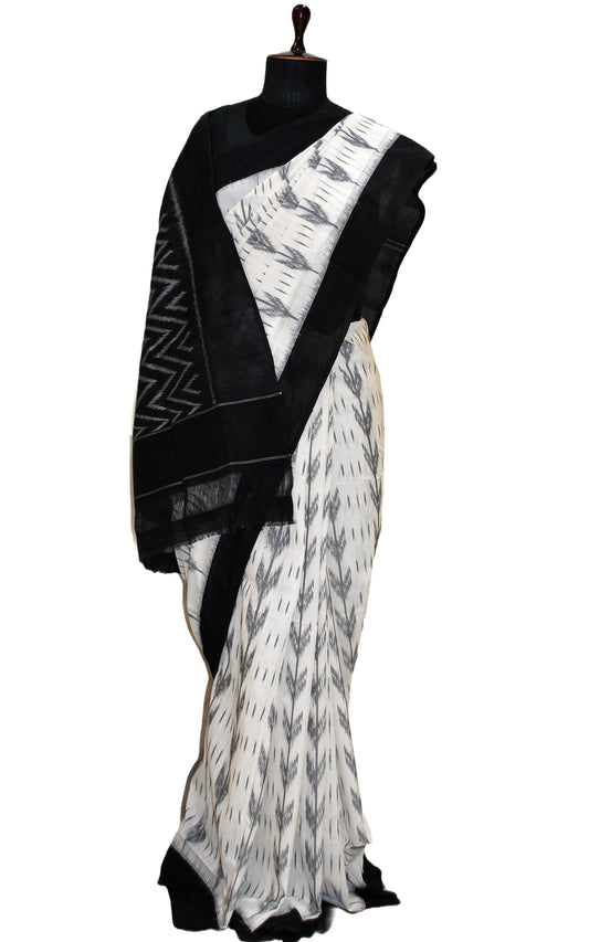 Soft Mercerized Cotton Ikkat Pochampally Saree in Off White, Light Grey and Black