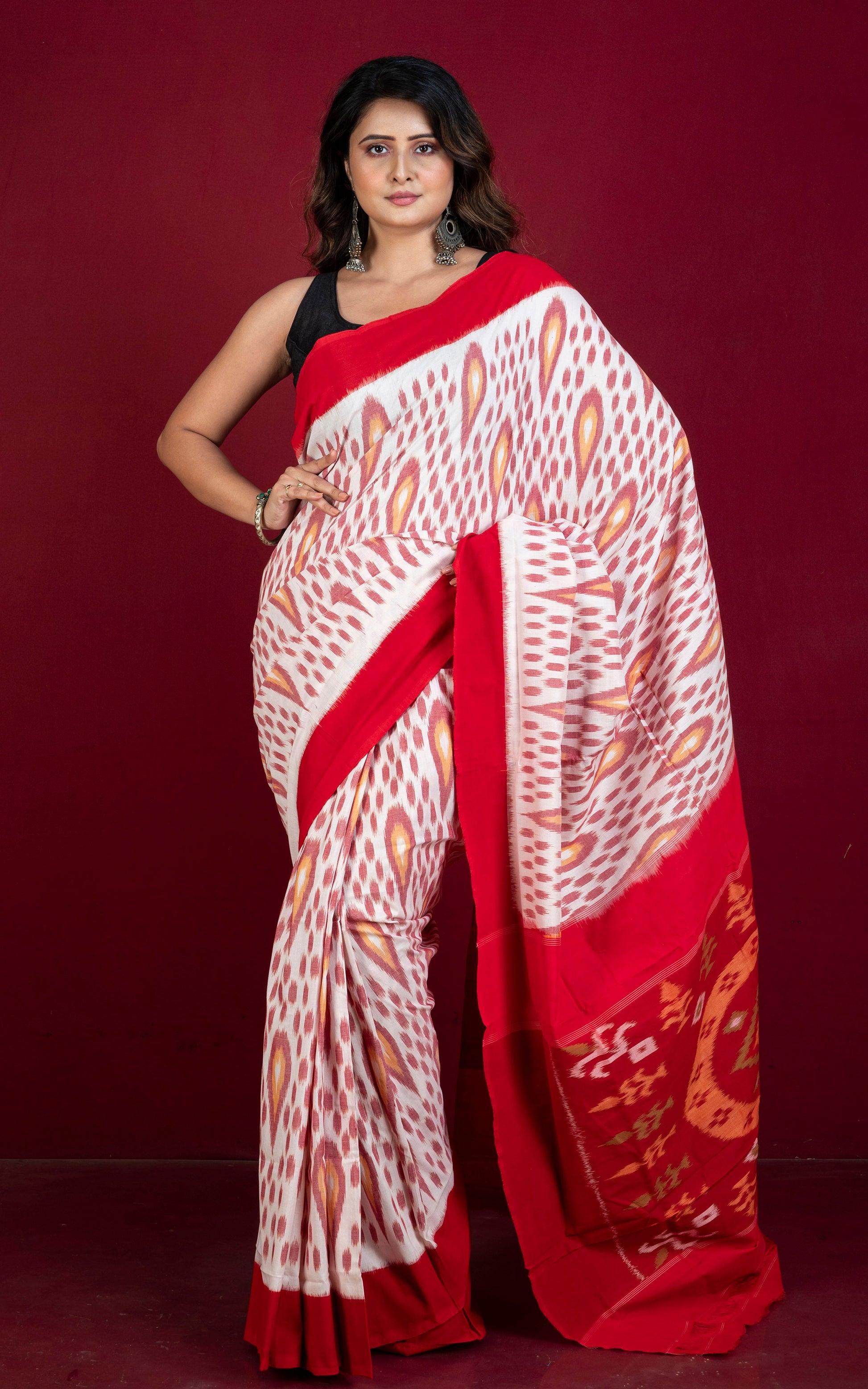 Soft Mercerized Cotton Ikkat Pochampally Saree in Off White, Red