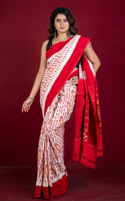 Soft Mercerized Cotton Ikkat Pochampally Saree in Off White, Red, Matt Orange and Green