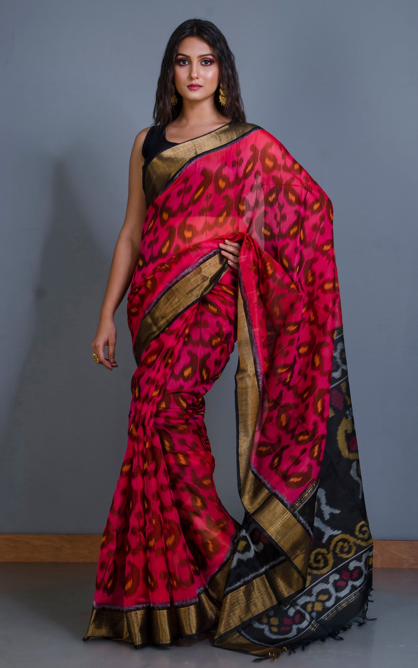 Soft Seiko Ikkat Pochampally Silk Saree in Peach, Brown, Yellow and Black