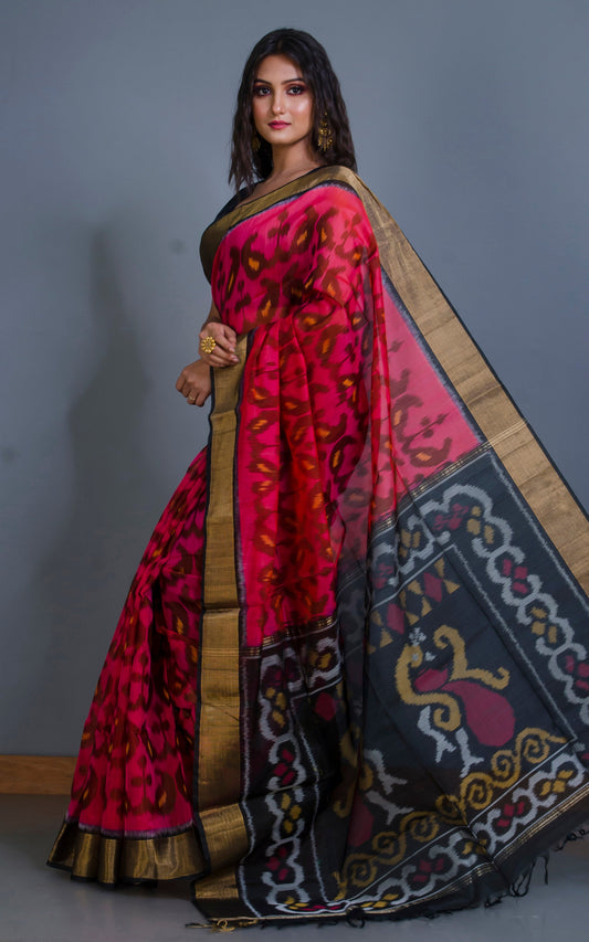 Soft Seiko Ikkat Pochampally Silk Saree in Peach, Brown, Yellow and Black