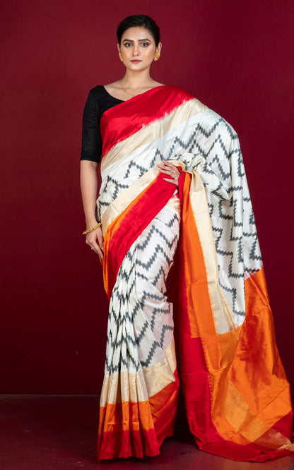 Designer Skirt Border Ikkat Pochampally Silk Saree in Off White, Red, Fire Orange, Black and Antique Golden