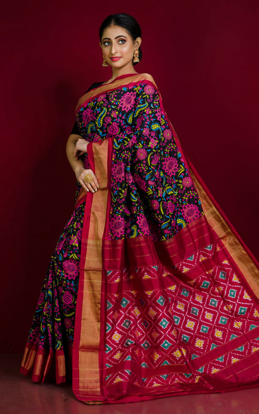 Hand Painted Floral Art Designer Ikkat Pochampally Silk Saree in Black, Red and Multicolored