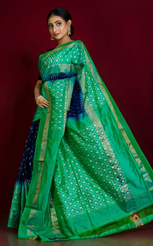 Designer Skirt Border Ikkat Pochampally Silk Saree in Berry Blue, Turquoise and Antique Gold