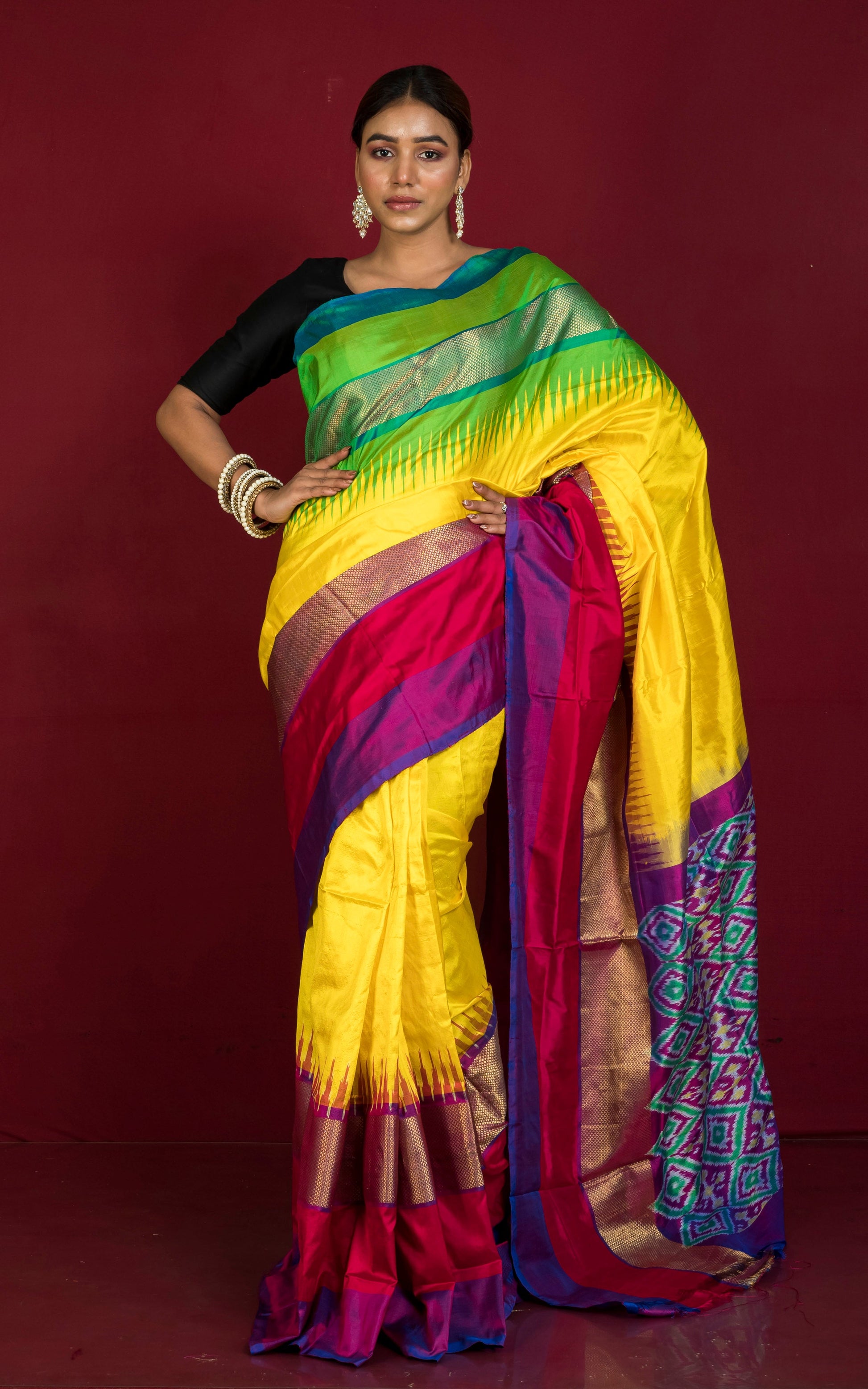 Designer Skirt Border Ikkat Pochampally Silk Saree in Bright