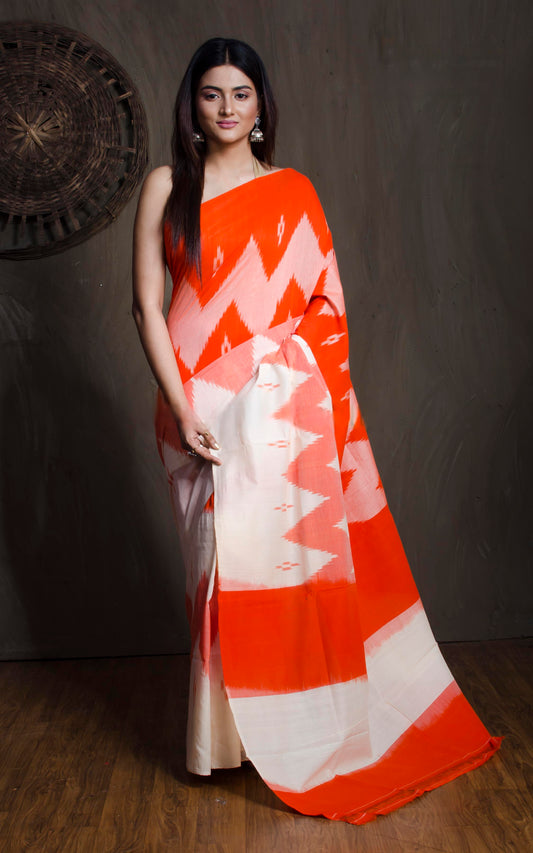 Soft Mercerized Cotton Ikkat Pochampally Saree in Off White and Orange