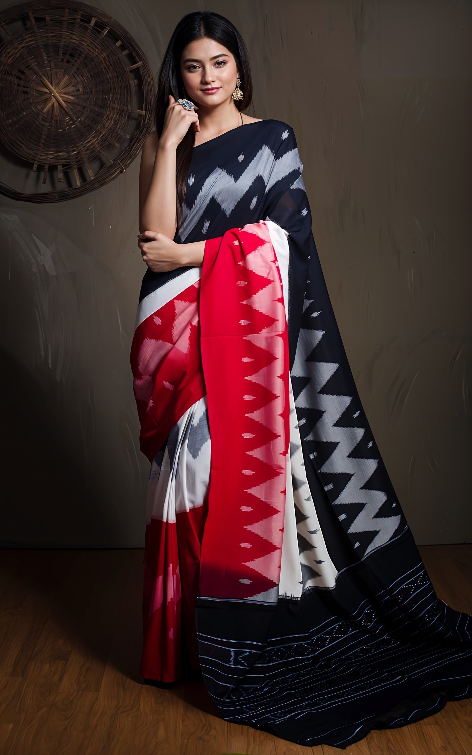 Soft Mercerized Cotton Ikkat Pochampally Saree in Black, Off White and Red