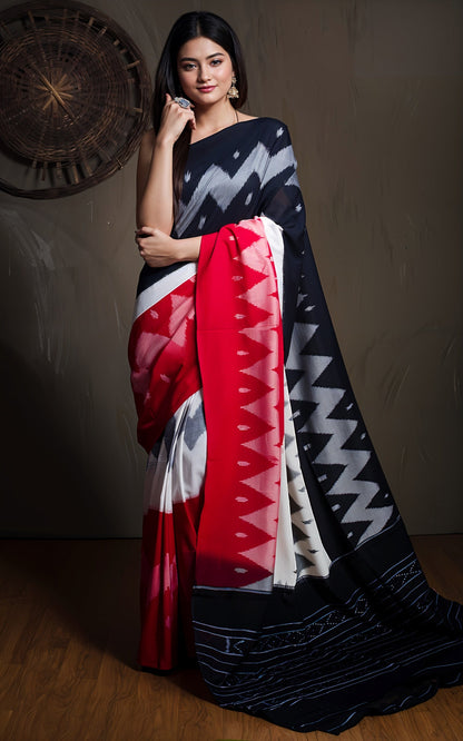 Soft Mercerized Cotton Ikkat Pochampally Saree in Black, Off White and Red
