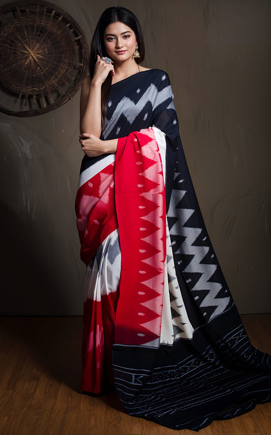 Soft Mercerized Cotton Ikkat Pochampally Saree in Black, Off White and Red
