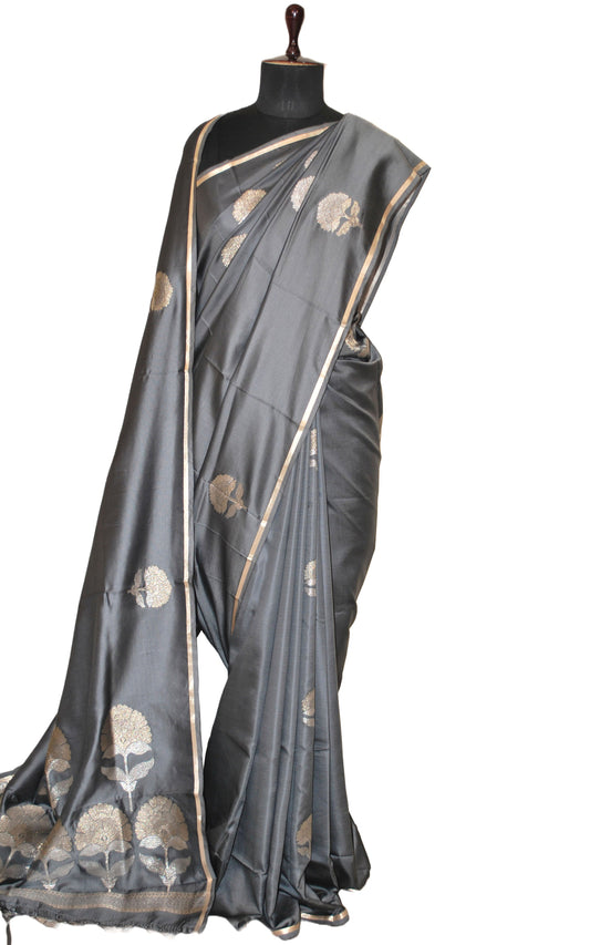Blended Poth Katan Soft Silk Saree in Spanish Gray and Antique Silver Zari Work