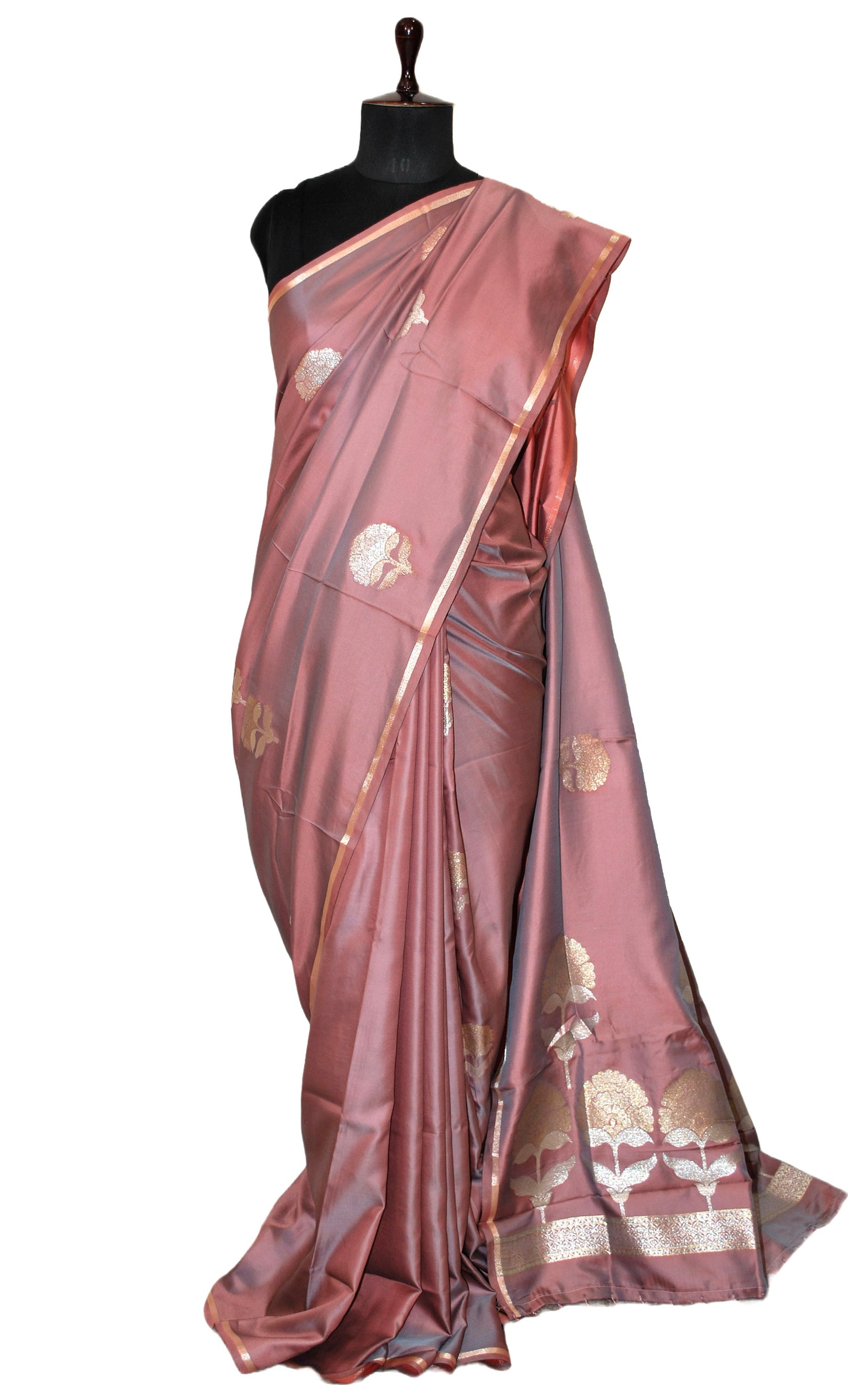 poth saree Blended Poth Katan Soft Silk Saree in Coral Tree and Antique Silver Za – Mohi fashion