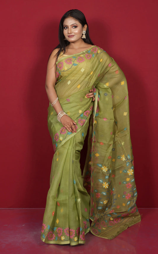 Premium Quality Hand Woven Floral Nakshi Work Muslin Silk Dhakai Jamdani Saree in Pista Green, Hot Pink and Multicolored Minakari Thread Work