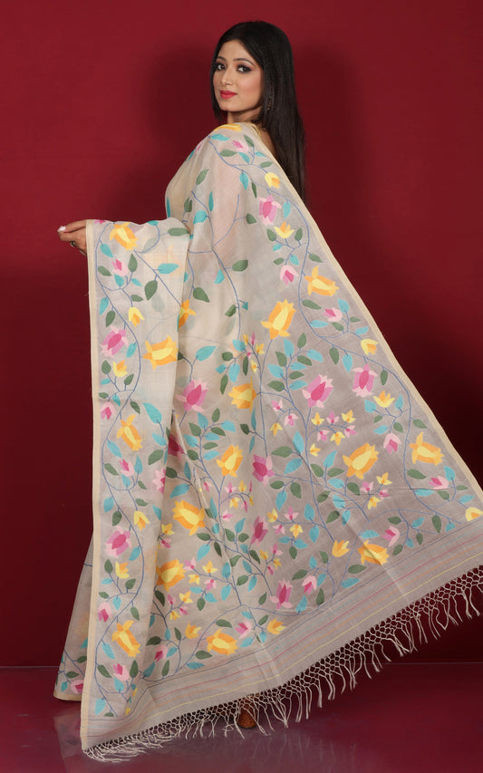 Premium Quality Jangla Jaal Work Muslin Silk Dhakai Jamdani Saree in Antique White and Multicolored Thread Work