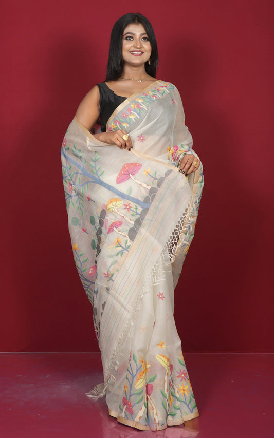Flora and Nature in Handwoven Nakshi Work on Premium Quality Muslin Silk Dhakai Jamdani Saree in Off White and Multicolored Thread Work