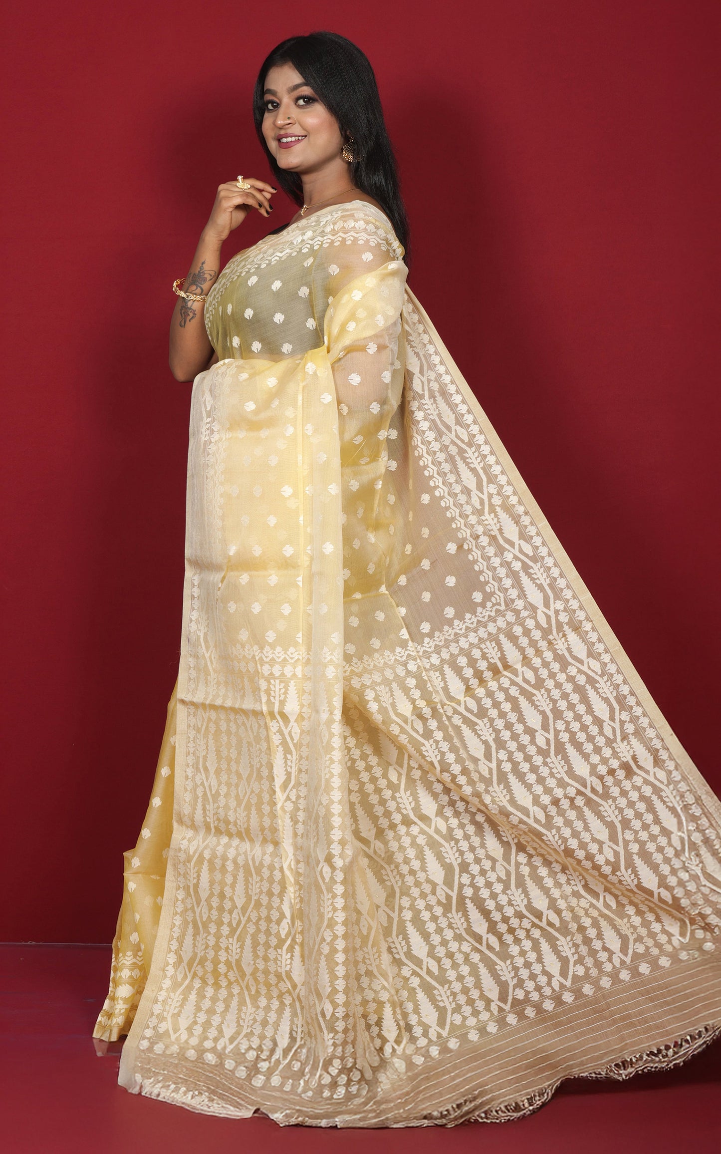 Premium Quality Traditional Needle Karat Nakshi Motif Work Muslin Silk Dhakai Jamdani in Pastel Yellow and Off White