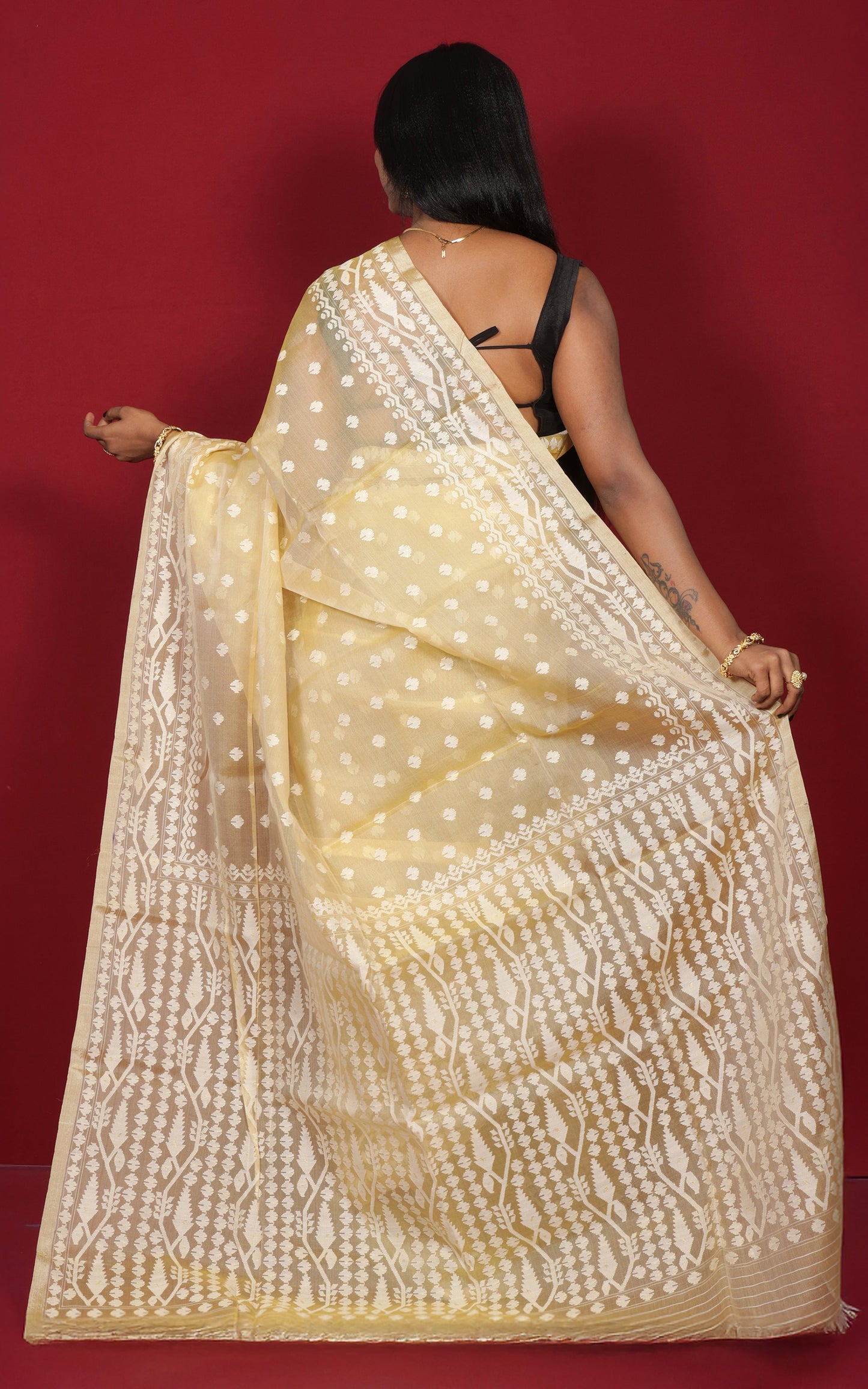 Premium Quality Traditional Needle Karat Nakshi Motif Work Muslin Silk Dhakai Jamdani in Pastel Yellow and Off White