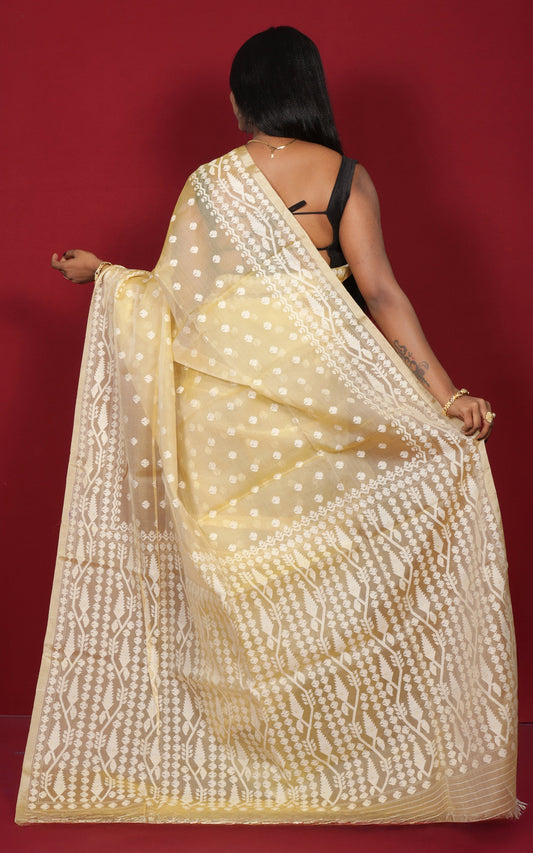 Premium Quality Traditional Needle Karat Nakshi Motif Work Muslin Silk Dhakai Jamdani in Pastel Yellow and Off White