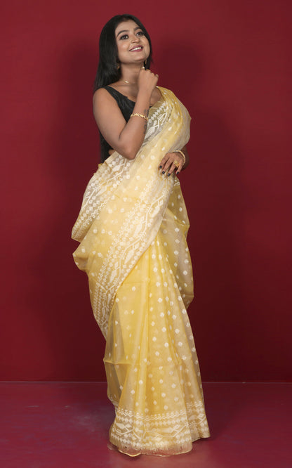 Premium Quality Traditional Needle Karat Nakshi Motif Work Muslin Silk Dhakai Jamdani in Pastel Yellow and Off White