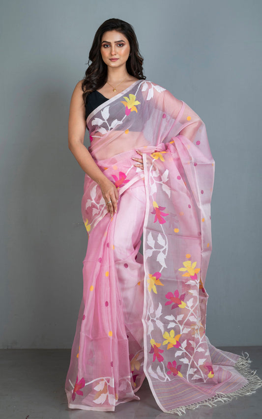 Premium Quality Hand Woven Floral Nakshi Work Muslin Silk Dhakai Jamdani Saree in Lemonade Pink, Off White and Multicolored Minakari Thread Work