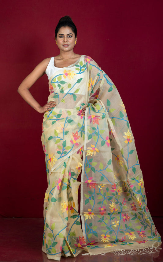 Premium Quality Jangla Jaal Lotus Motif Work Muslin Silk Dhakai Jamdani in Lemon Chiffon, Blue and Multicolored Thread Work