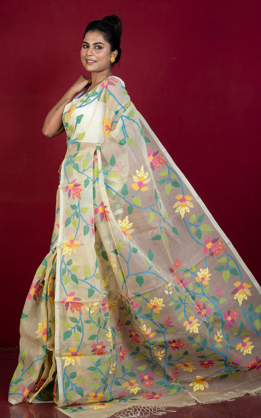 Premium Quality Jangla Jaal Lotus Motif Work Muslin Silk Dhakai Jamdani in Lemon Chiffon, Blue and Multicolored Thread Work