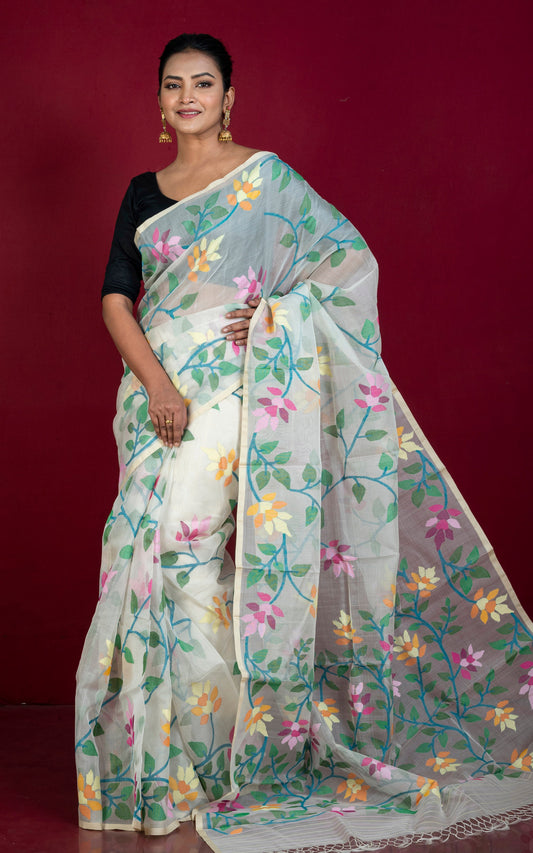 Premium Quality Jangla Jaal Lotus Motif Work Muslin Silk Dhakai Jamdani in Daisy White, Beige and Multicolored Thread Work