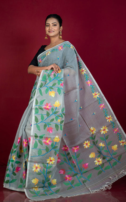 Premium Quality Hand Woven Floral Skirt Nakshi Work Muslin Silk Dhakai Jamdani Saree in Grey and Multicolored Minakari Thread Work