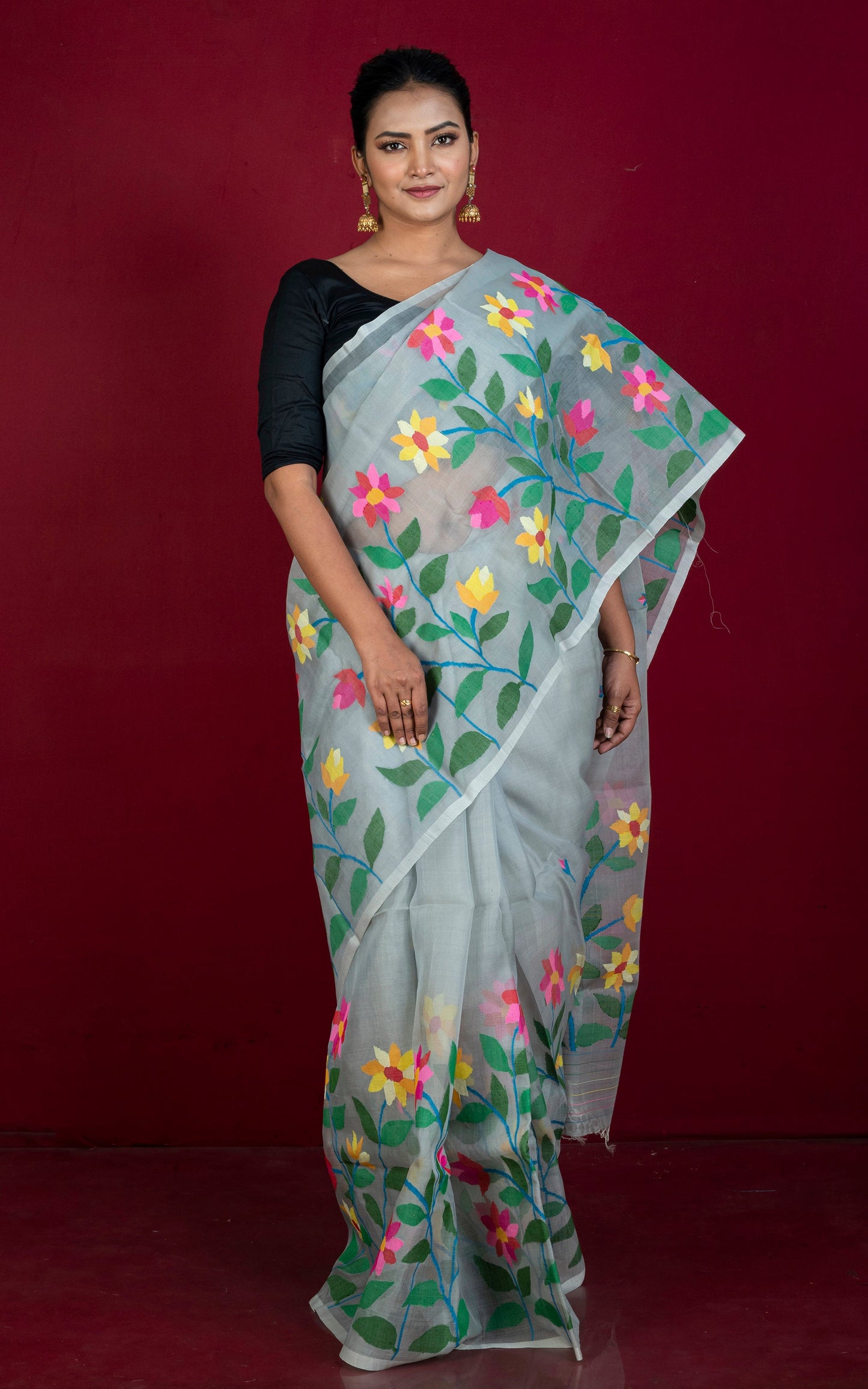 Premium Quality Hand Woven Floral Skirt Nakshi Work Muslin Silk Dhakai Jamdani Saree in Grey and Multicolored Minakari Thread Work