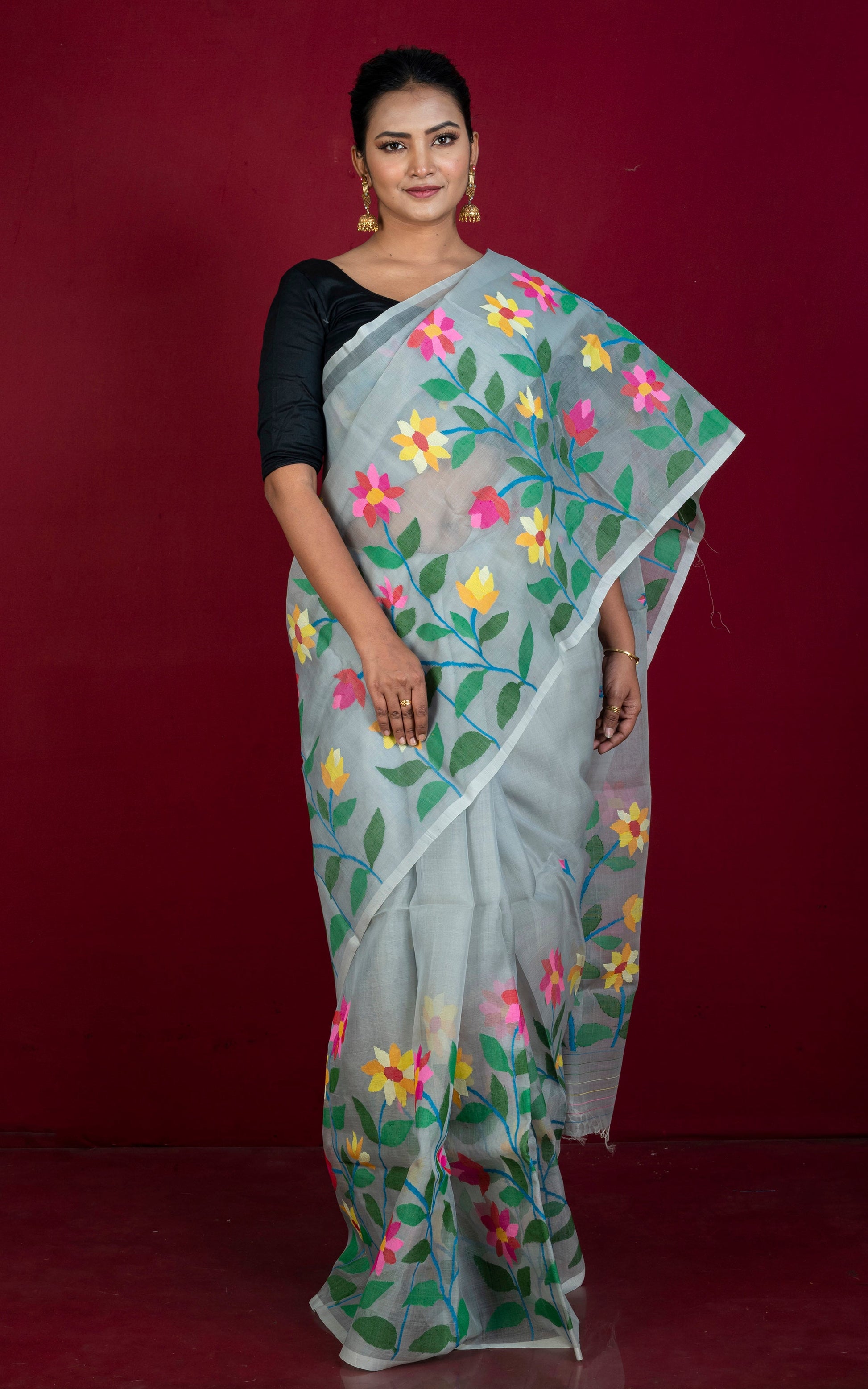 Premium Quality Hand Woven Floral Skirt Nakshi Work Muslin Silk Dhakai Jamdani Saree in Grey and Multicolored Minakari Thread Work